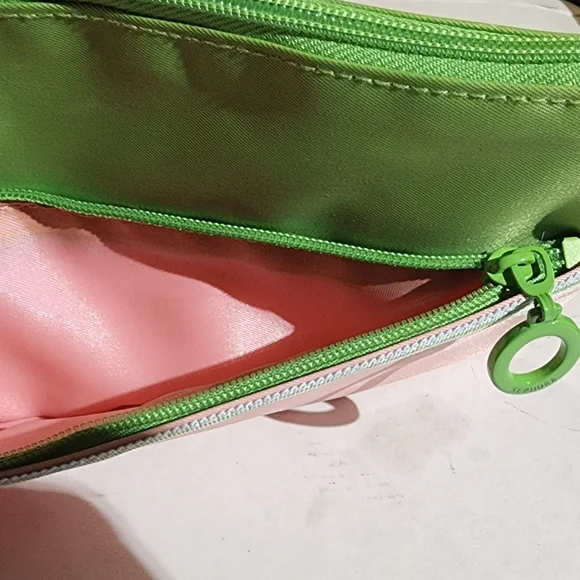 Sephora Ivy green pink stripes divider pocket front pocket signed hardware pouch - Picture 8 of 8